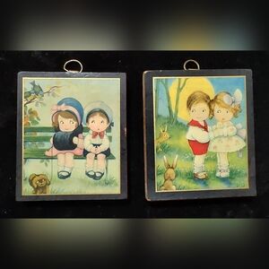 Set of Two Mini Wall Hangers Boy & Girl on‎ Bench/Boy& Girl in Moonlight 1960's?